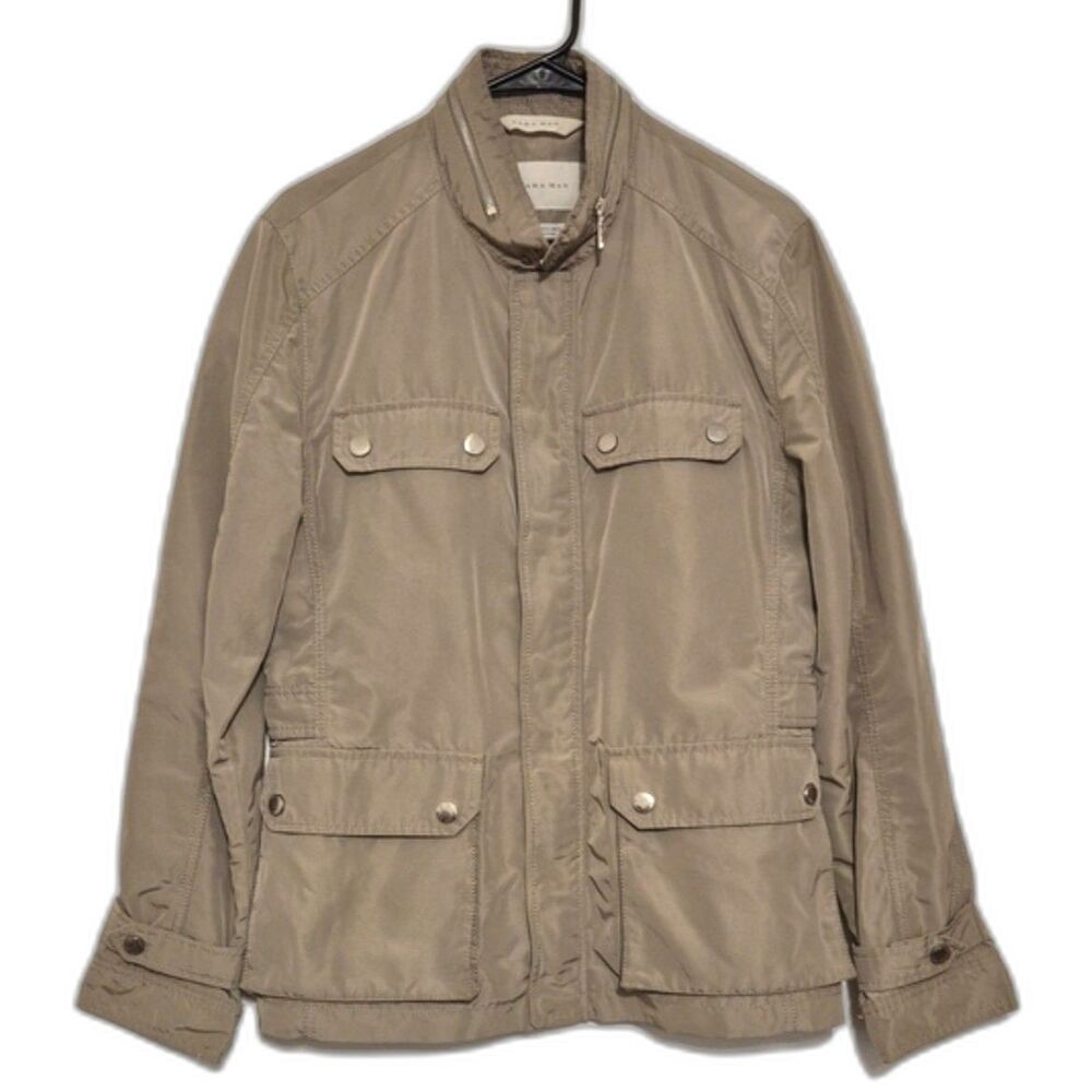 Zara Man Utility Field Jacket M Gray Taupe Military Moto Convertible Zip Collar